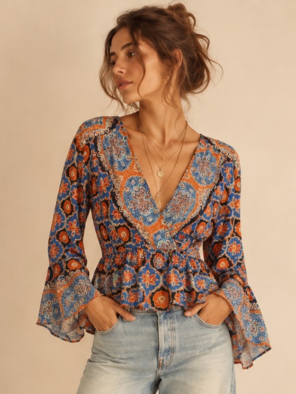 Free People Boho Paisley Floral Wrap Peplum Blouse Small EUC